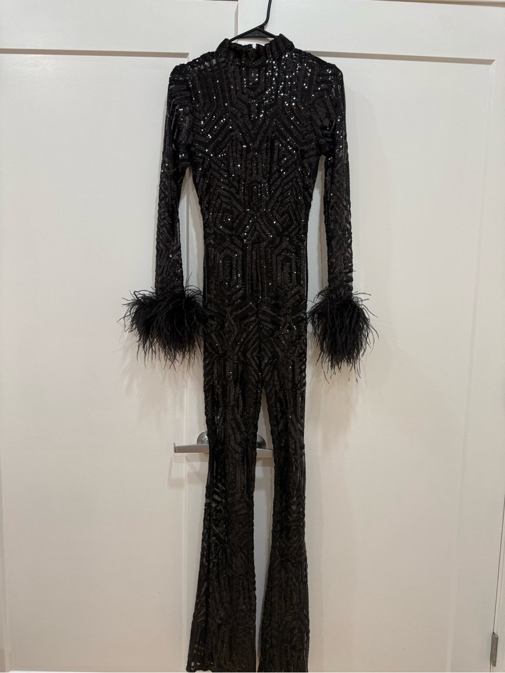 Black Sequin Feather-Cuff Jumpsuit